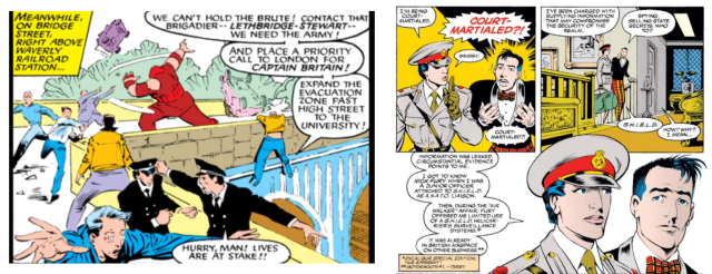 The police call in UNIT when mutants battle in Scotland in X-Men (left) while Excalibur introduced UNIT stand-ins WHO (c) Marvel Comics Doctor Who Brigadier