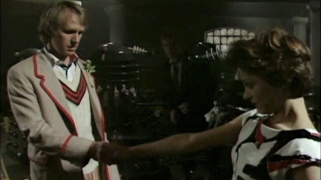 Tegan and the Doctor say goodbye in 'Resurrection of the Daleks' (c) BBC Studios Doctor Who Tegan Jovanka Fifth Doctor