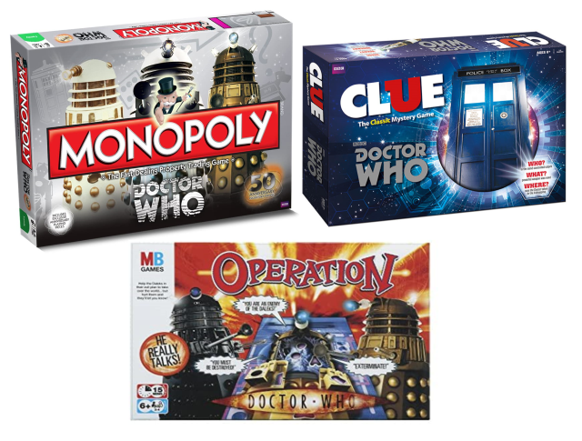 The special Doctor Who editions of Monopoly, Cluedo, and Operation Doctor Who gifts