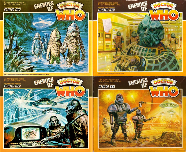 The four puzzles in the Enemies of Doctor Who jigsaw range K1 Robot Zygons Kraael Sontarans
