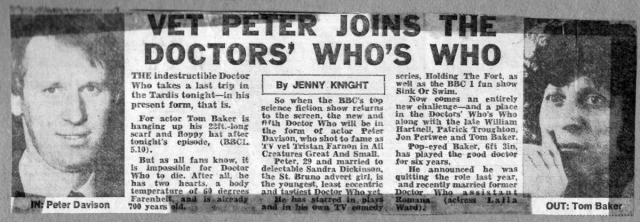 The regeneration from Tom Baker to Peter Davison was one of the most high profile handovers between Doctor Who actors yet
