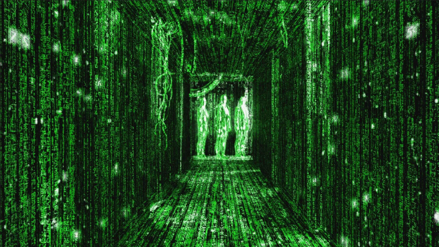 Neo's point of view as he perceives the computations formulae that make up a corridor in the Matrix (c) Warner Bros. Pictures