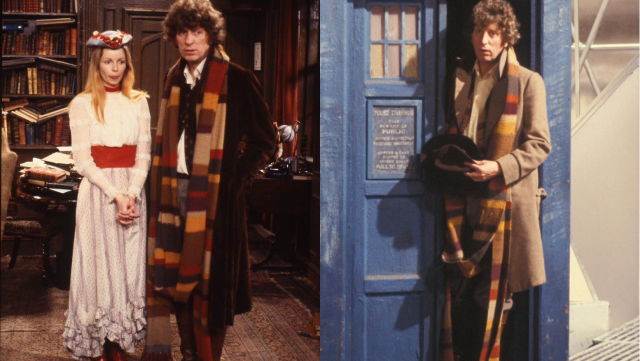 Two of Tom Baker's recurring looks in Seasons Sixteen and Seventeen - brown velvet frock coat with floral waistcoat, and grey tweed coat with Prince of Wales check waistcoat (c) BBC Studios Doctor Who Fourth Doctor
